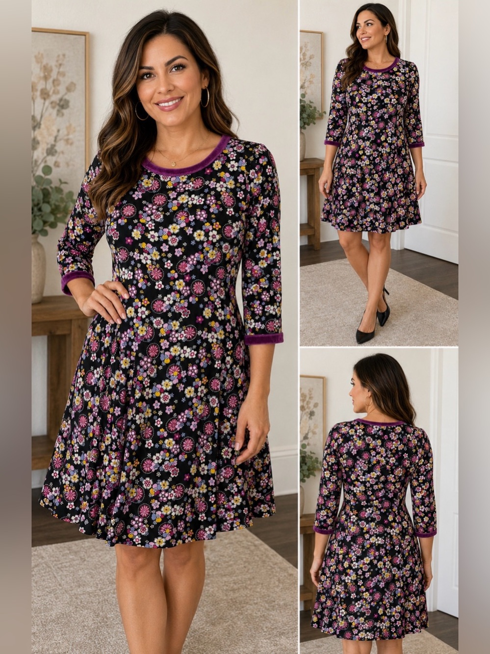Hanna Andersson Floral Black Dress Size S 3/4 Sleeve Velvet Trim Rayon
